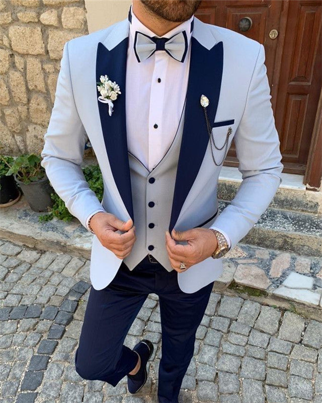 Anthony Sky Blue Three Pieces Fashion Peaked Lapel Men Suits