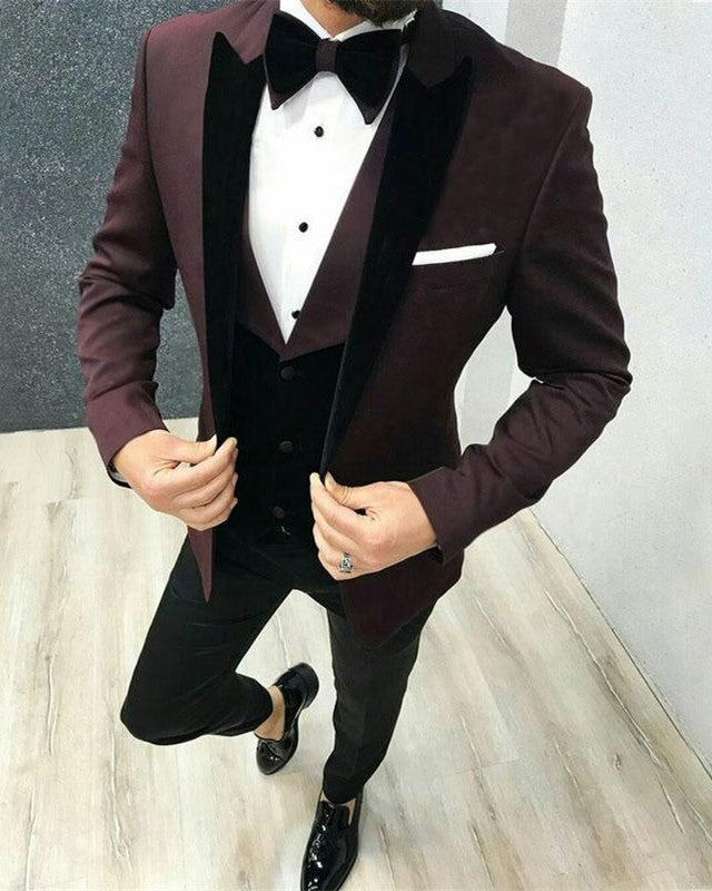 David Burgundy Best Fitted Three Pieces Men Suits for Prom