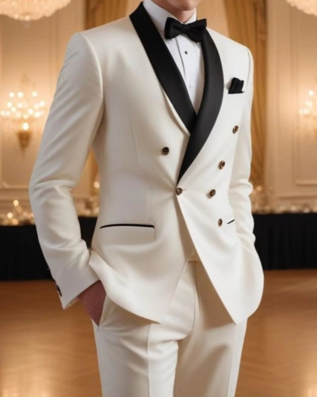 Modern Off-white Double Breasted Wedding Suits For Men