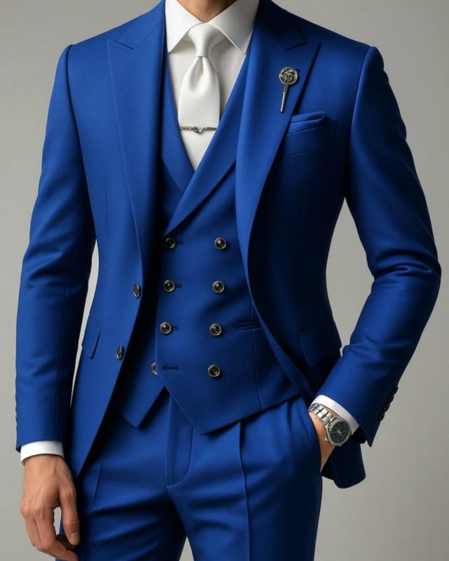 Close Fitting Royal Blue 3 Pieces Peaked Lapel Prom Suits