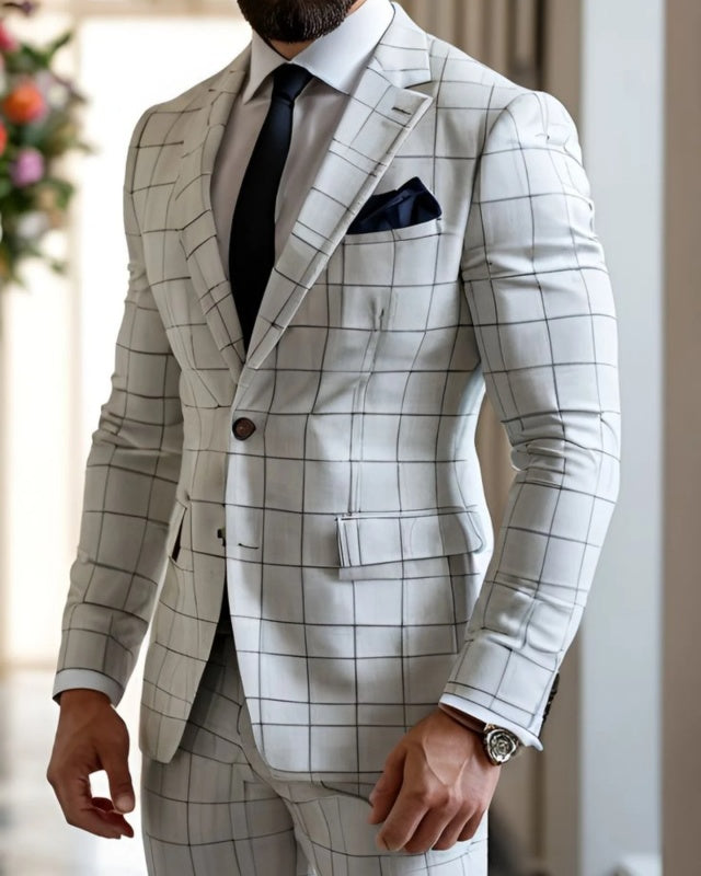 Modern Gray White Notch Lapel Plaid Close Fitting Business Suits