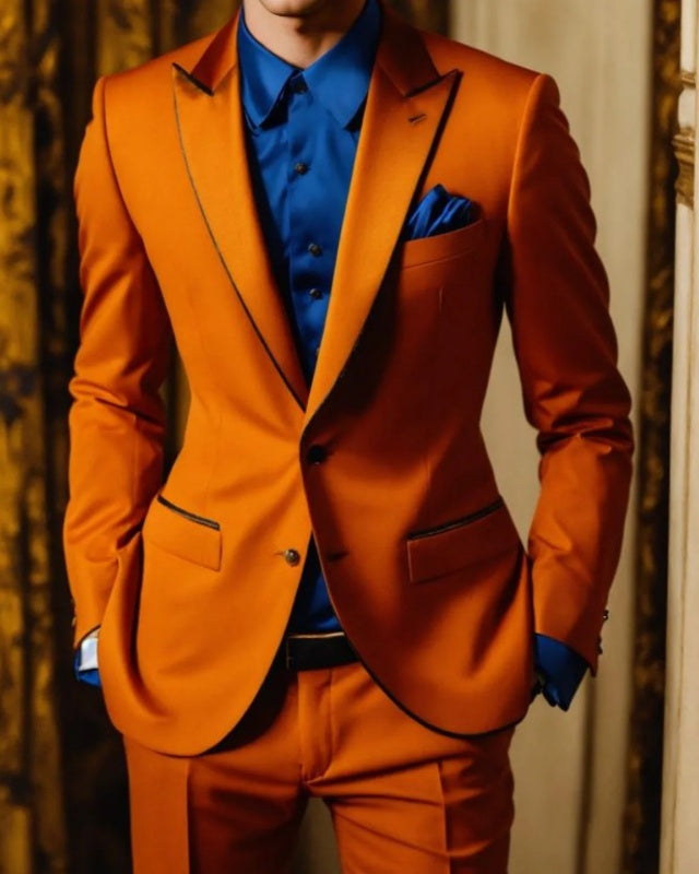 Stylish Orange Satin Peaked Lapel Slim Fit Prom Suits