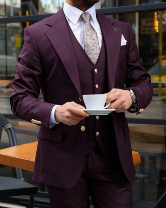 Bespoke Dark Purple Three Pieces Notched Lapel Prom Men Suits