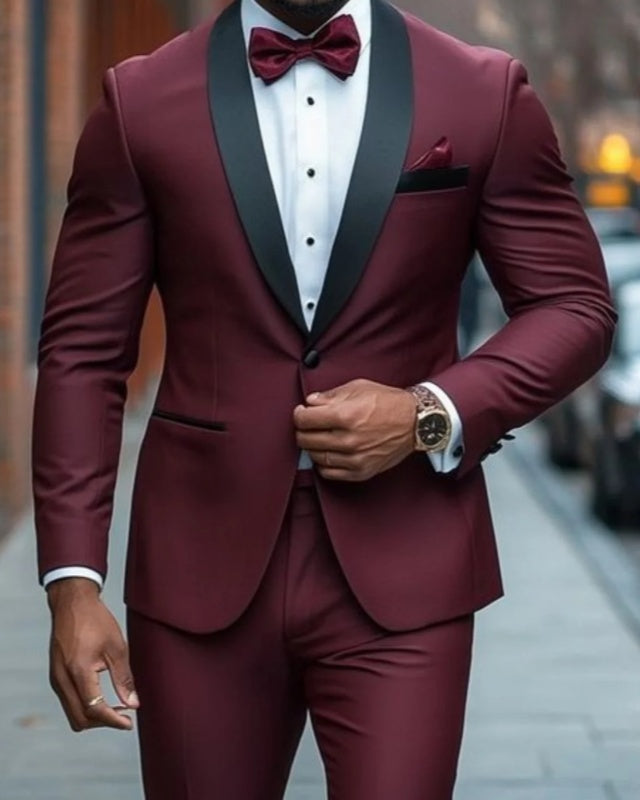 Charming Burgundy Satin Shawl Lapel Wedding Suits