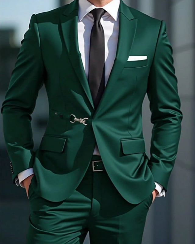 New Arrival Dark Green Satin Prom Suits With Metal Button