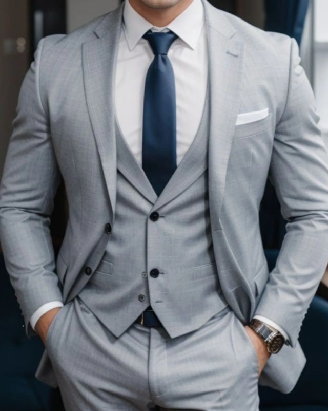 Fashion Gray 3 Pieces Notched Lapel Business Suits With Vest
