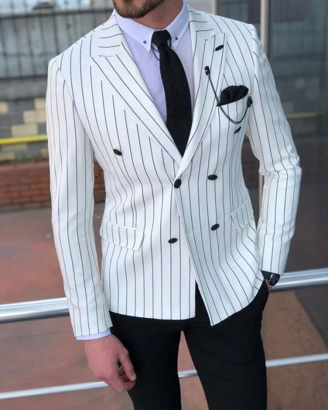Trendy White Double Breasted Striped Business Men Suits