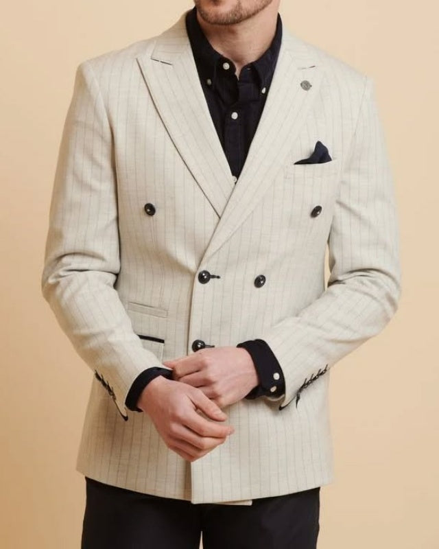 Modern Beige Double Breasted Pinstriped Business Men Suits