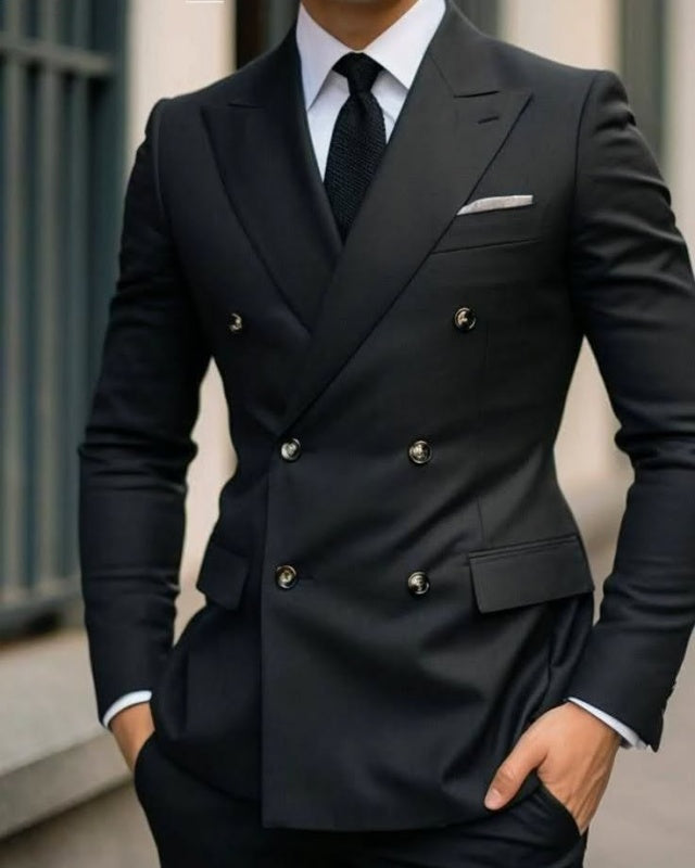 Classic Black Double Breasted Peaked Lapel Business Suits
