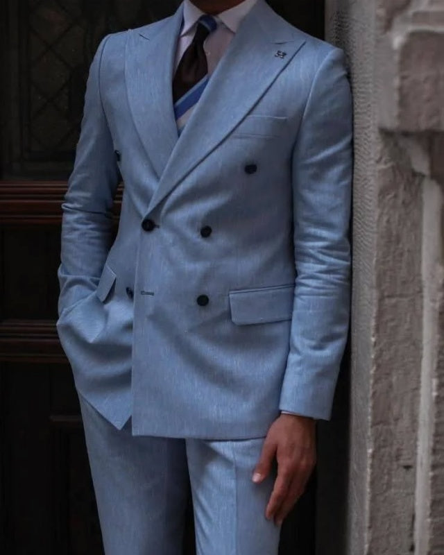 Trendy Blue Double Breasted Peaked Lapel Prom Suits