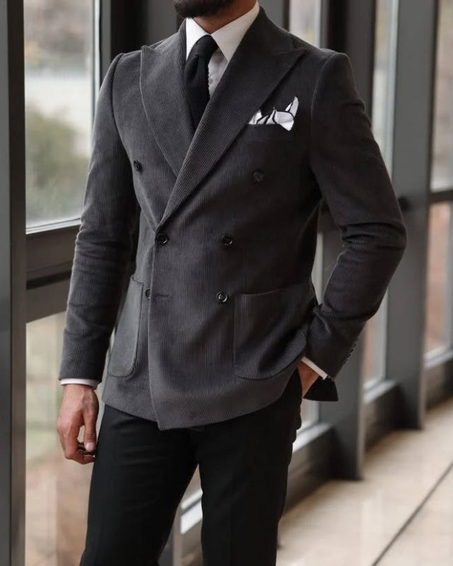 New Arrival Dark Gray Double Breasted Corduroy Prom Suits