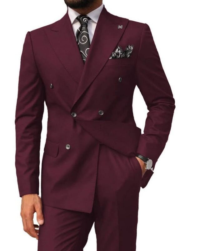 Generous Burgundy Double Breasted Peaked Lapel Prom Suits