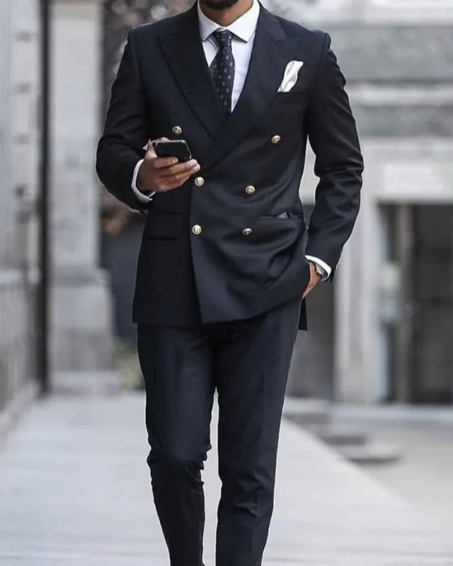 Formal Black Double Breasted Peaked Lapel Men's Business Suits