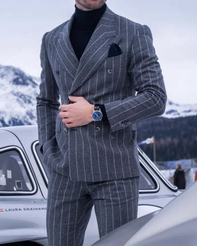 Formal Gray Striped Double Breasted Business Men Suits