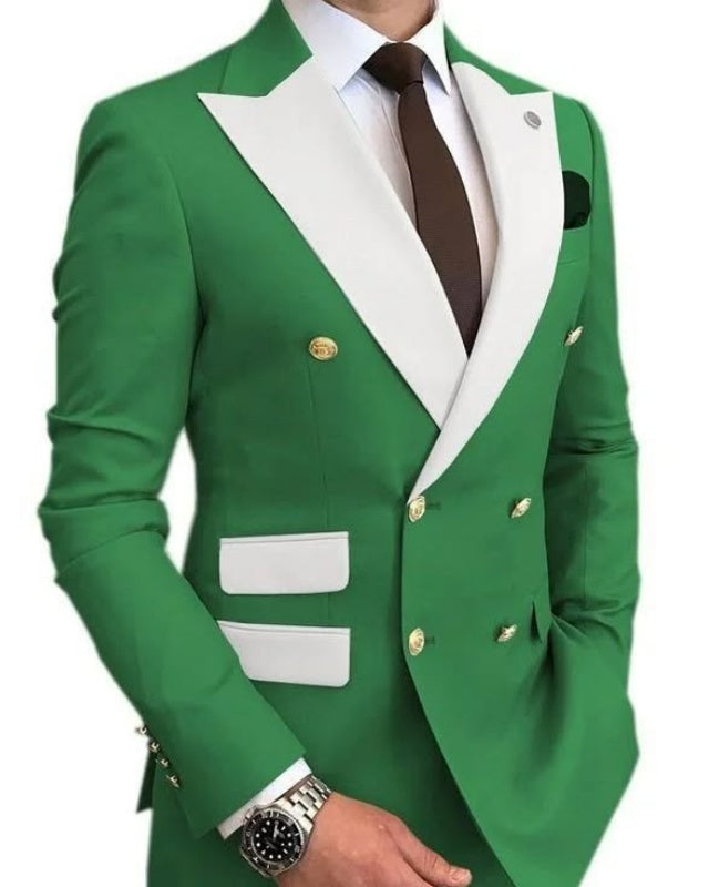 Stylish Green Double Breasted Prom Suits With White Lapel