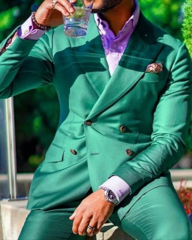 Fancy Green Double Breasted Peaked Lapel Prom Men Suits