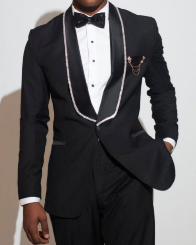 Stylish Black Close Fitting Beadings Shawl Lapel Prom Suits