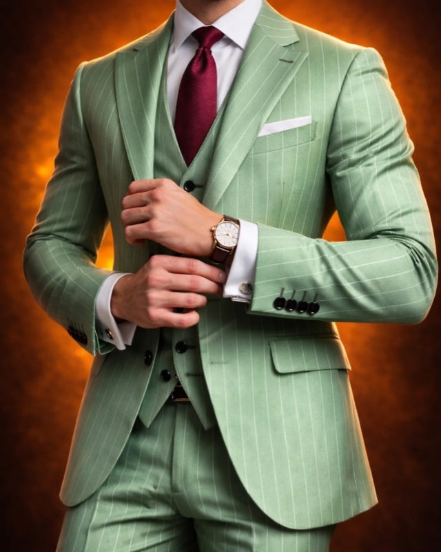 Stylish Green Three Pieces Striped Notched Lapel Men Suits
