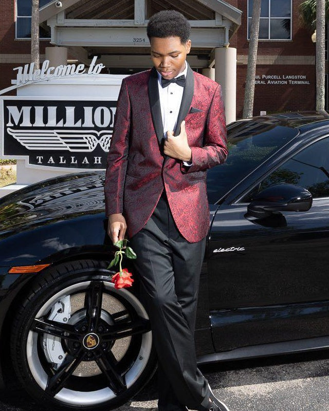 Stylish Burgundy Jacquard Shawl Lapel Prom Suits For Men
