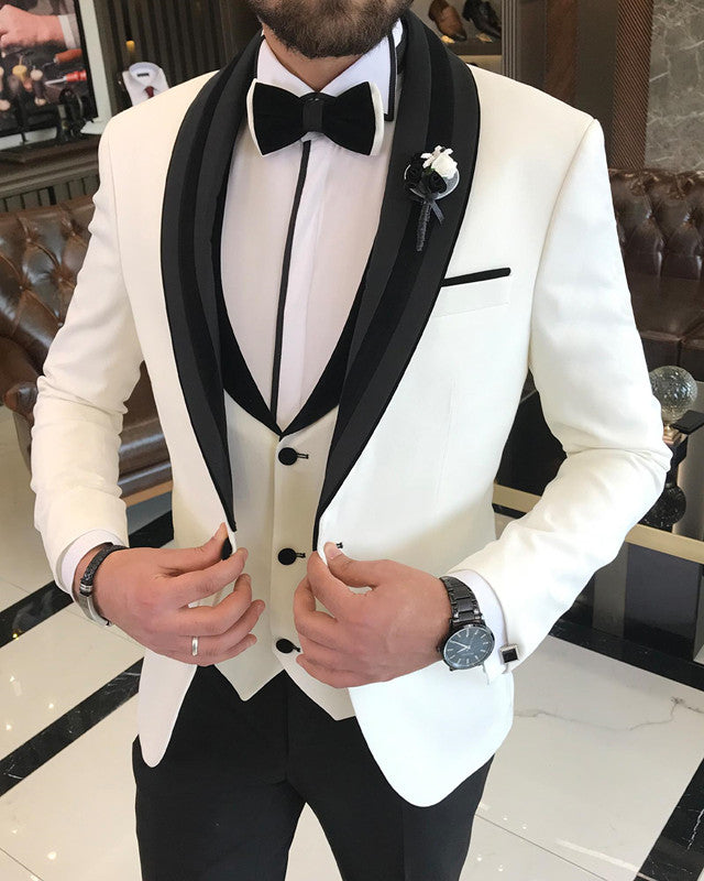 Newest White Three Pieces Slim Fit Shawl Lapel Wedding Men Suit