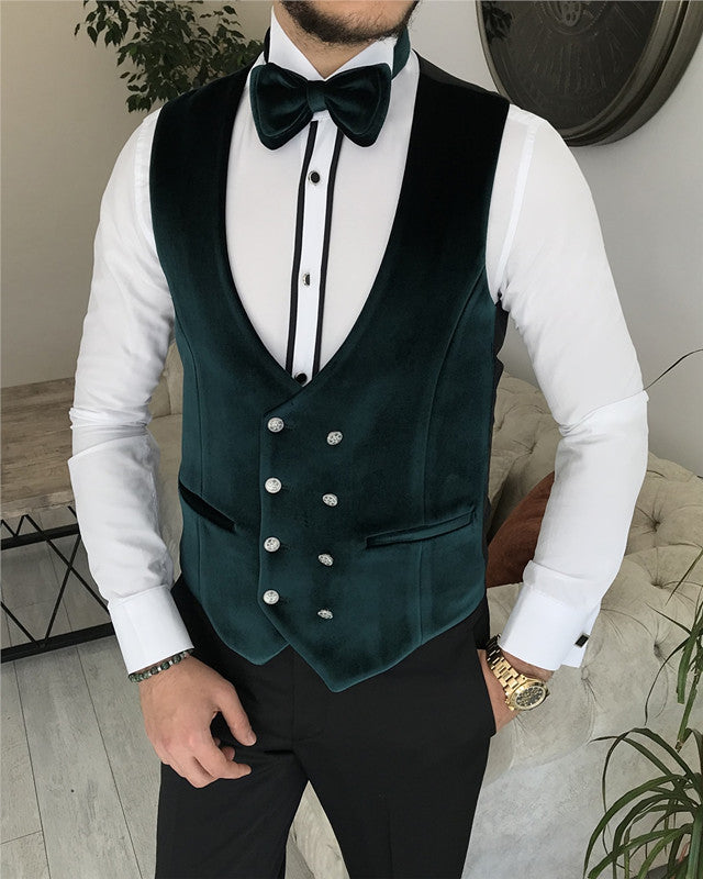 White Jacquard Three Pieces Wedding Men Suit with Green Velvet Lapel