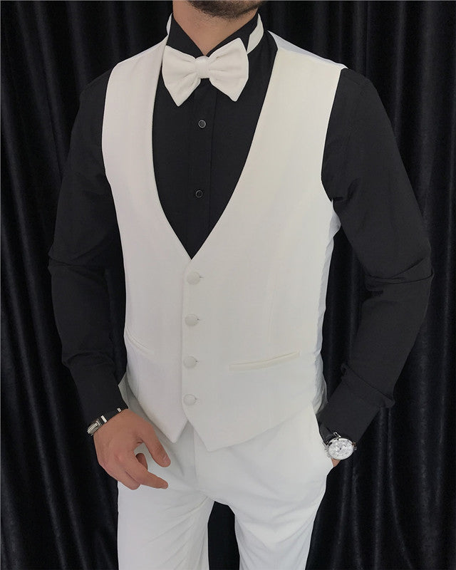 Cool White Jacquard Three Pieces Shaw Lapel Wedding Men Suit