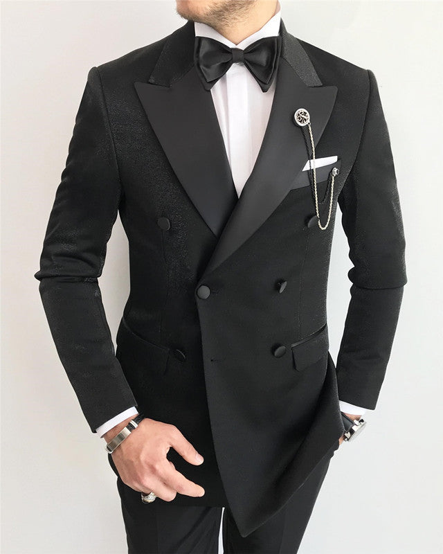 Sparkly Black Double Breasted Peaked Lapel Wedding Men Suit
