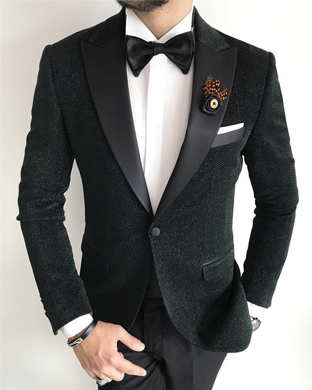 Bling Black One Button Peaked Lapel Wedding Men Suit