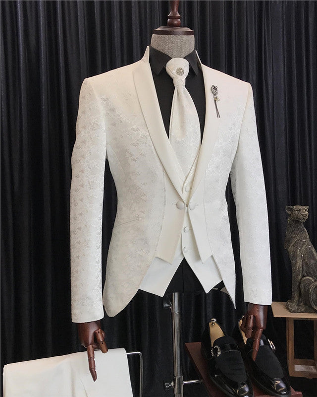 Gorgeous White Jacquard Three Pieces Slim Fit Wedding Men Suit