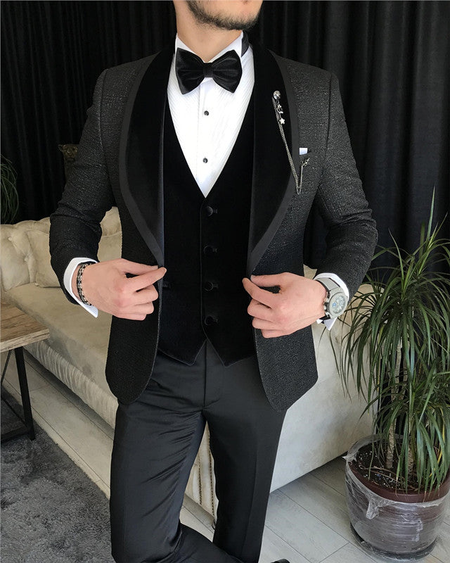 Classic Black Shawl Lapel Three Pieces Slim Fit Wedding Men Suit