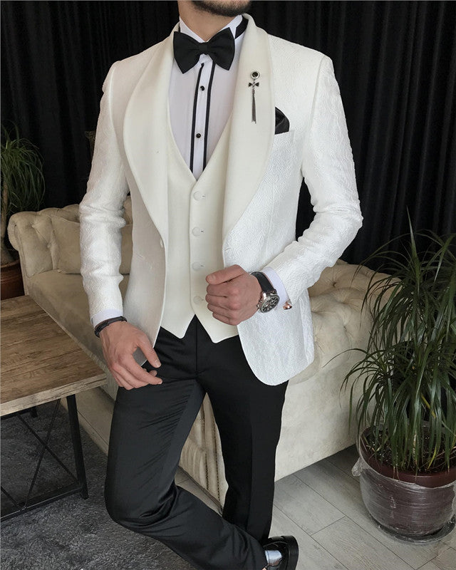 Modern White Jacquard Three Pieces Best Fitted Wedding Men Suit