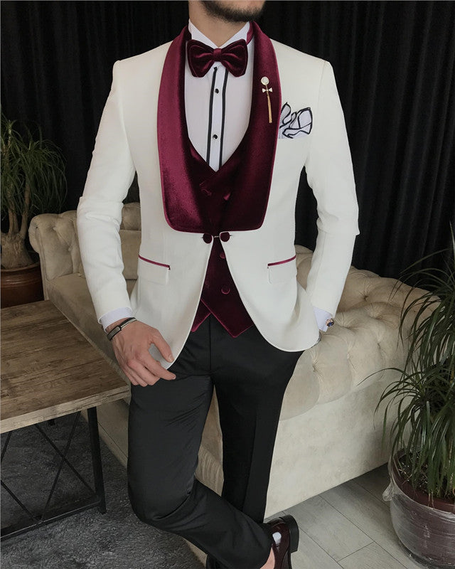 Glamorous White Three Pieces Wedding Men Suit with Red Velvet Lapel