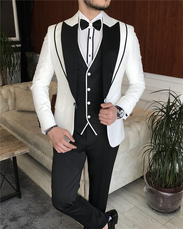 Trendy White Three Pieces Wedding Men Suit with Big Shawl Lapel
