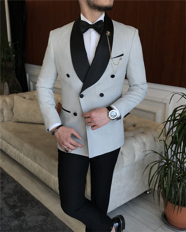 Fashion Light Gray Double Breasted Wedding Men Suit