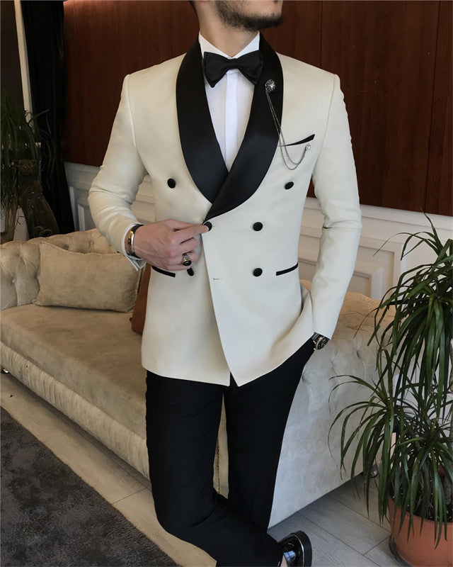 Trendy Off White Double Breasted Wedding Men Suit