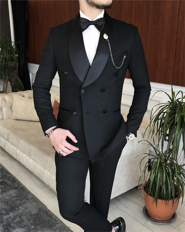 Modern Black Slim Fit Double Breasted Wedding Men Suit