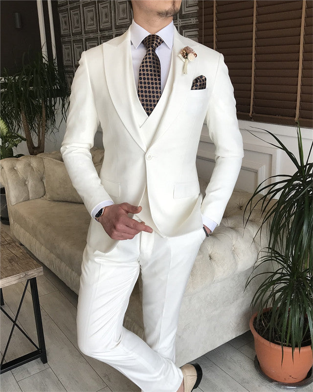 Full White Three Pieces Close Fitting Peaked Lapel Wedding Men Suit