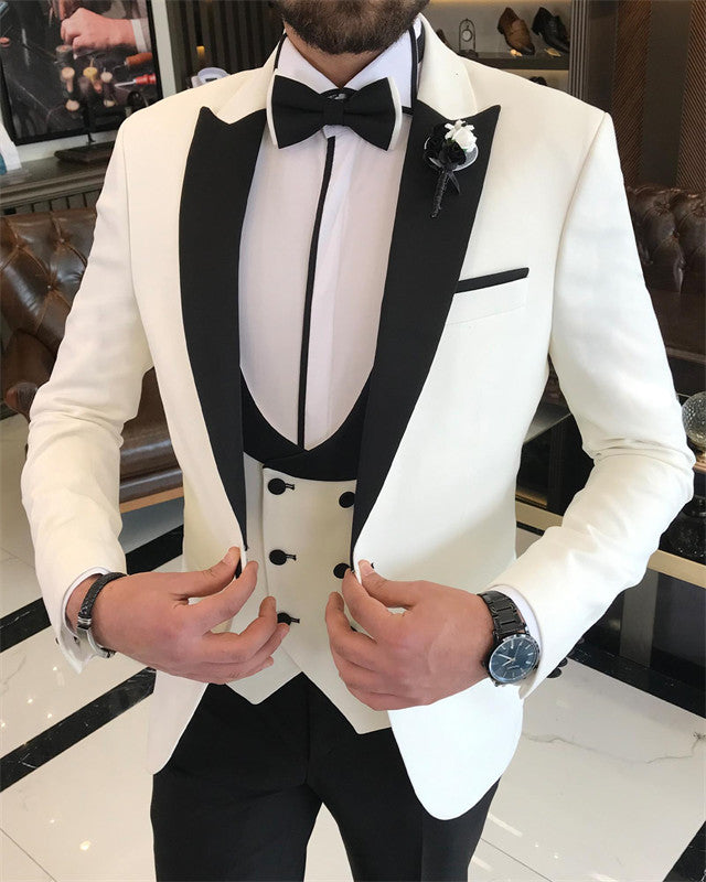 New Arrival White Three Pieces Slim Fit Peaked Lapel Wedding Men Suit