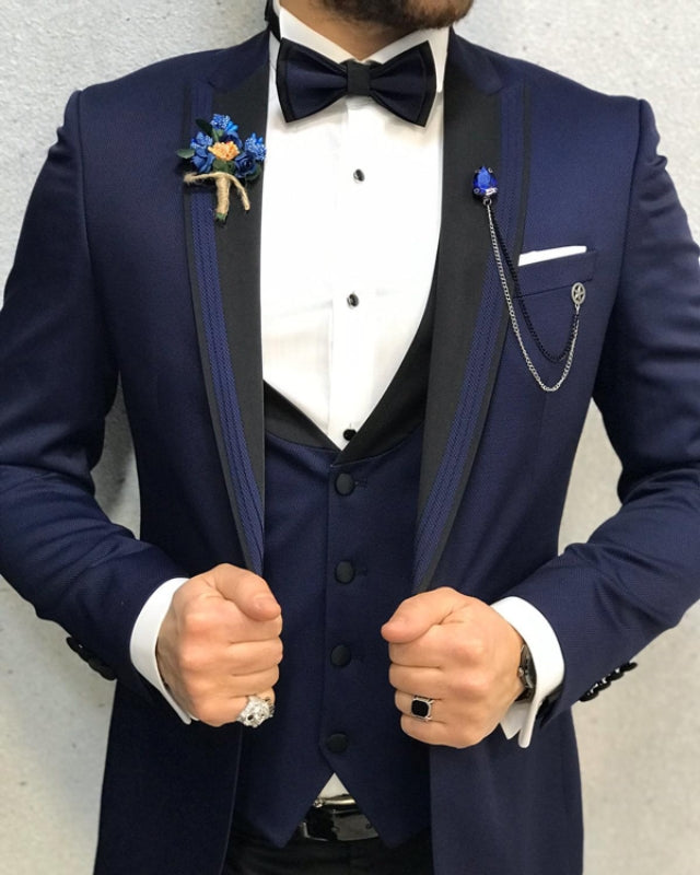 Handsome Dark Blue Best Fitting Three Pieces Peaked Lapel Business Men Suits