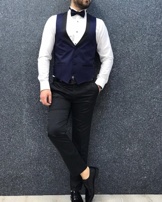 Handsome Dark Blue Best Fitting Three Pieces Peaked Lapel Business Men Suits