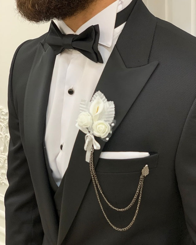 Cool Black Best Fitting Three Pieces Peaked Lapel Business Men Suits