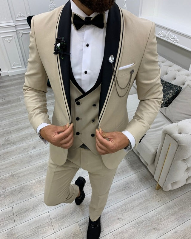 Fashion Khaki Best Fitting Three Pieces Shawl Lapel Prom Men Suits