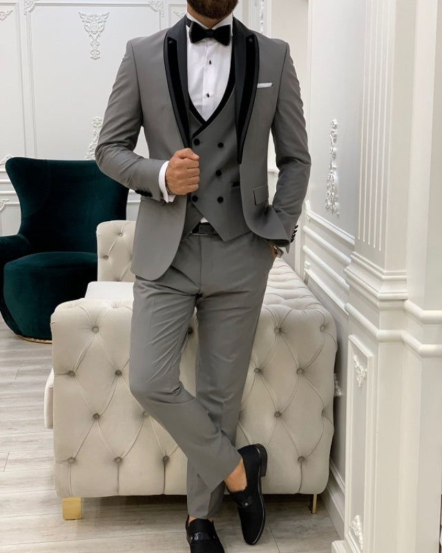 Chic Gray Slim Fit Three Pieces Shawl Lapel Prom Men Suits