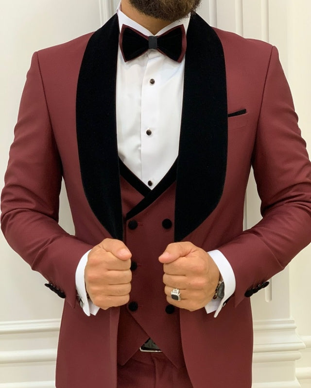 Chic Burgundy Close Fitting Three Pieces Shawl Lapel Prom Men Suits