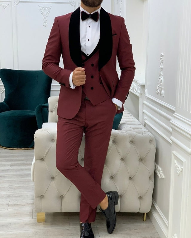 Chic Burgundy Close Fitting Three Pieces Shawl Lapel Prom Men Suits