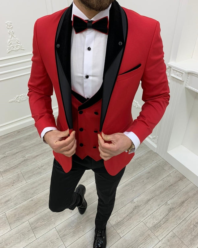 Fashion Red Close Fitting Three Pieces Shawl Lapel Wedding Men Suits