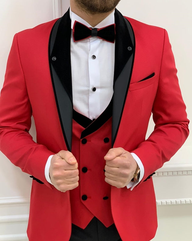 Fashion Red Close Fitting Three Pieces Shawl Lapel Wedding Men Suits