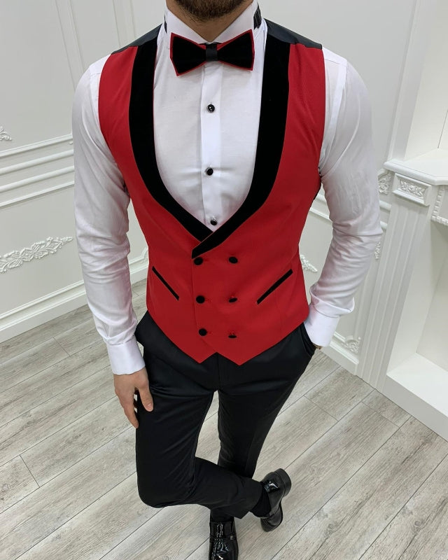 Fashion Red Close Fitting Three Pieces Shawl Lapel Wedding Men Suits