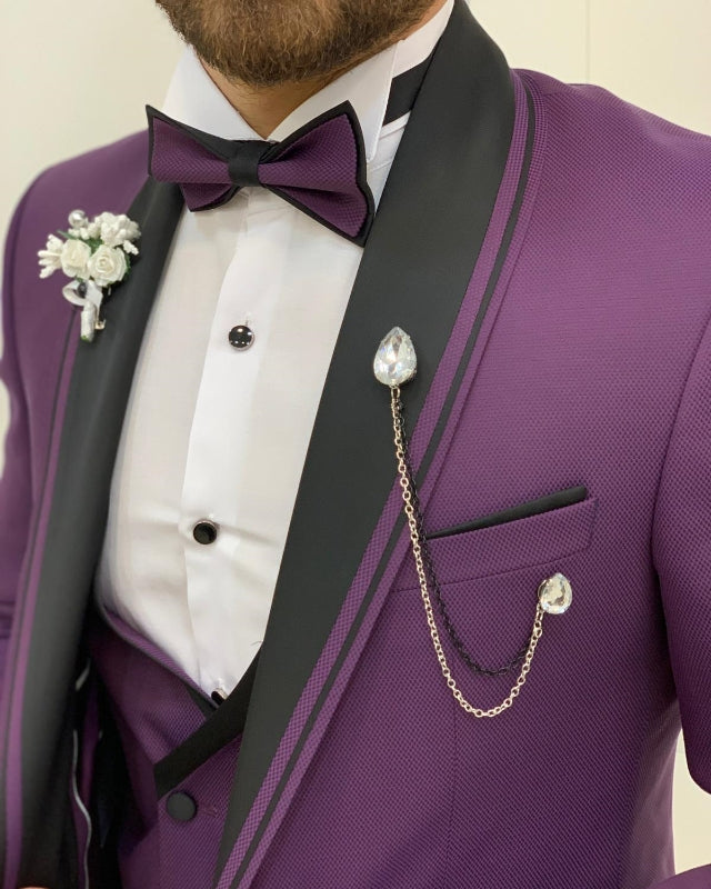 Chic Purple Slim Fit Three Pieces Prom Men Suits With Black Shawl Lapel