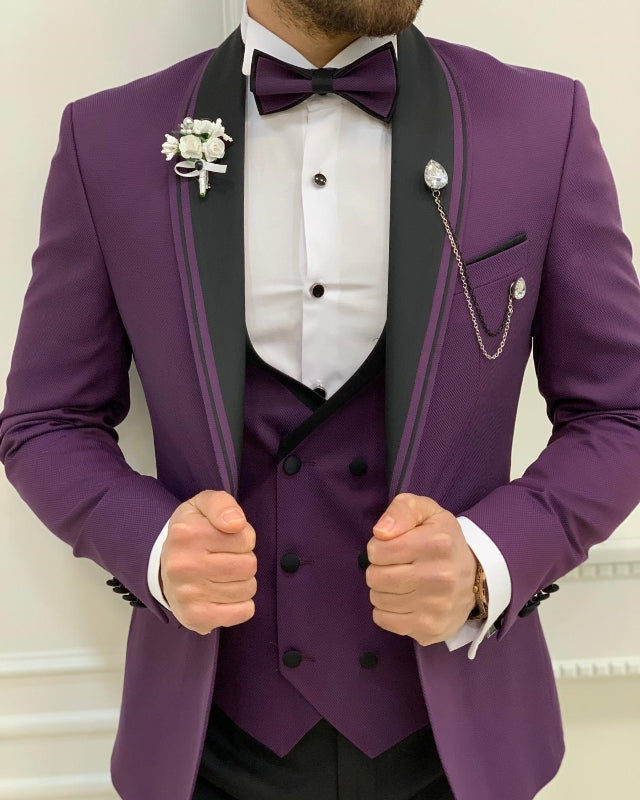 Chic Purple Slim Fit Three Pieces Prom Men Suits With Black Shawl Lapel